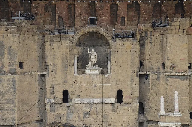 The stage wall of the Roman theatre of Orange, with the statue of Augustus in its central niche
